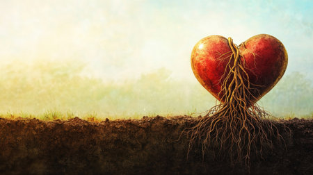 Illustration of a heart with deep roots growing into the soil, representing emotional endurance and growth.の素材