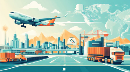 Illustration of the global economy with freight trucks and airplanes.の素材