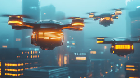 Delivery drones departing from a futuristic hub.の素材