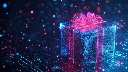 Futuristic low-poly present glowing in neon lights with festive sparkles on a dark background, ideal for tech-themed promotions.の素材