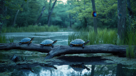 Peaceful image of turtles perched on a fallen branch in a natural wetland reserve at dusk.の素材