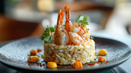 Seafood risotto with shrimp, scallops, and saffron, garnished with parsley.の素材