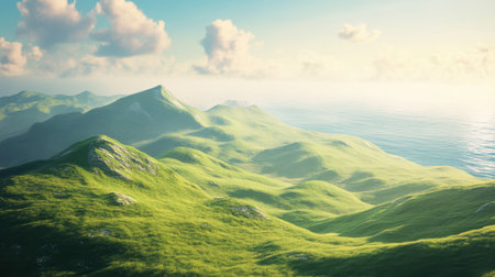 Majestic hills against the vast ocean, with a clear horizon and soft sunlight casting shadows over the landscape.の素材