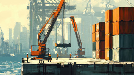 Port workers operating cranes to load containers onto a cargo ship.の素材