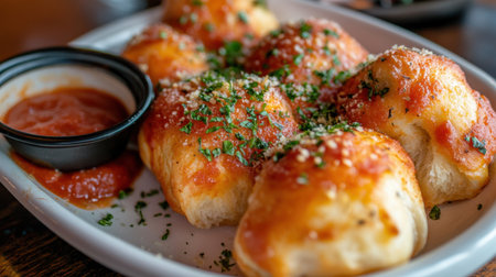 Piping hot garlic knots served with a side of marinara sauce.の素材