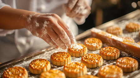 A chef delicately arranges a mooncake on a tray, highlighting the intricate details and craftsmanship with flour on their hands during Chinese New Year celebrations.の素材