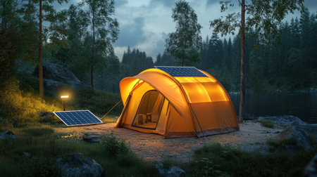 An orange camping tent lit by a solar-powered lamp, surrounded by nature and a solar panel, creating a sustainable, eco-conscious outdoor camping experience.の素材
