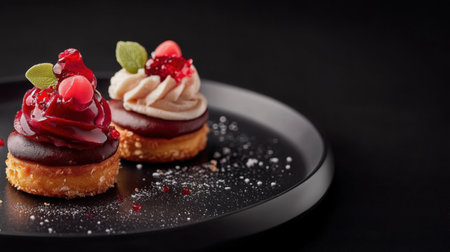 Two beautifully decorated pastries with vibrant toppings sit elegantly on a black plate, their colors standing out against the dark background.の素材