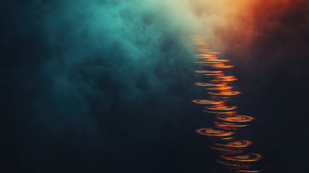 A stack of coins ascending in height against a dark background, symbolizing growth, finance, and investment in a business or personal setting.の素材