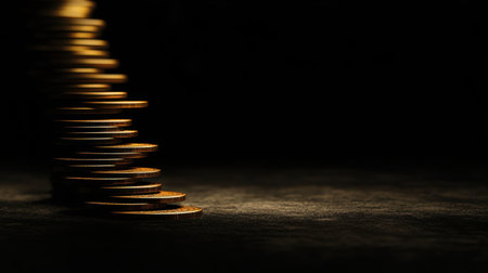 A stack of coins stacked higher in ascending order, symbolizing business growth, financial success, and investment against a dark, professional background.の素材