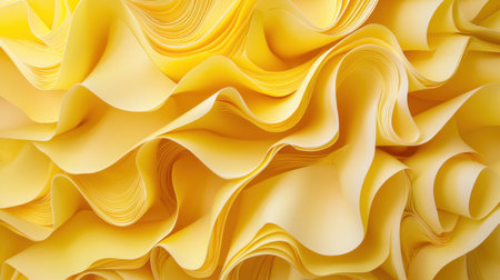 Close-up of wavy yellow paper folds, forming a sleek and modern abstract 3D background with smooth curves.の素材