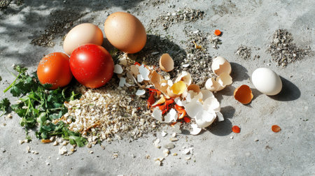 Various food scraps like eggshells, vegetable waste, and seeds piled on a gray surface, highlighting sustainable composting practices for a greener future.の素材