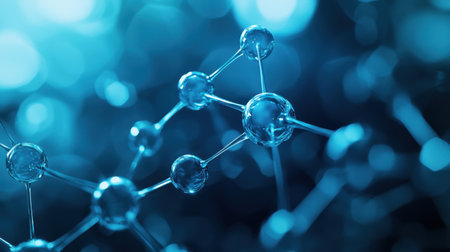 Digital representation of molecular bonds in a blue-toned abstract scientific background.の素材