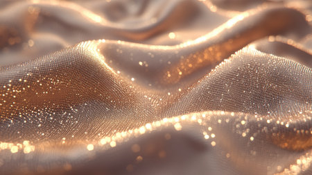 Golden netting grid with smooth wavy patterns and sparkling lights, creating an elegant abstract texture.の素材