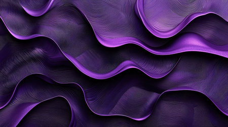 Deep royal purple abstract design with silky waves flowing across a textured metallic surfaceの素材