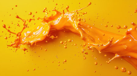 Vibrant orange swoosh wave forming a dynamic border, blending into a liquid yellow abstract background.の素材
