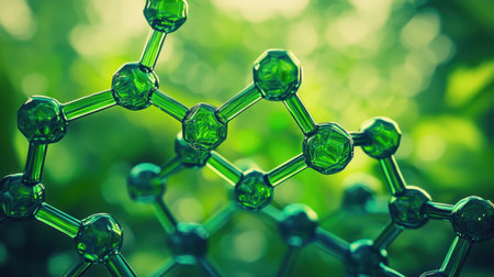 Modern green molecular structure background with blurred neon lights and trellis-like abstract design.の素材