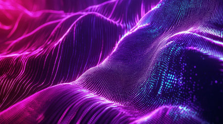 Glowing neon purple wave forms twisting and curving on a black background, creating a mesmerizing digital effect.の素材
