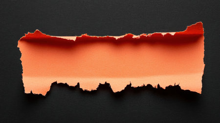 Minimalist keyword research concept featuring textured orange torn paper over black background.の素材