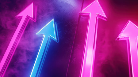 Glowing neon arrows in electric blue and purple, pointing forward against a sleek dark background.の素材