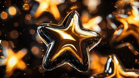 Glossy metallic stars in gold and black, floating against a stylish transparent background.の素材