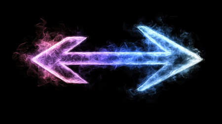 Glowing neon arrows in electric blue and purple, pointing forward against a sleek dark background.の素材