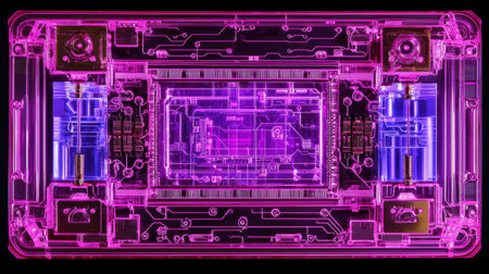 Neon-lit electronic circuit board with intricate details, symbolizing futuristic technology and AI development.の素材