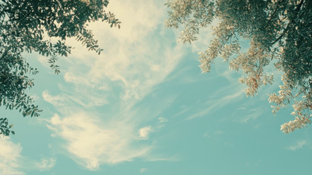 Minimalist sky background with wispy clouds and delicate tree branches, creating a peaceful nature-inspired copy space.の素材