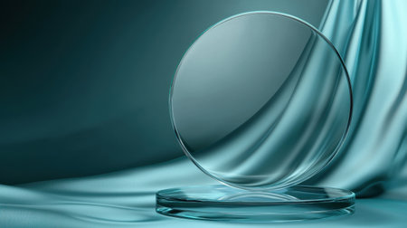 Transparent circular glass podium standing on a rippling blue water surface, perfect for beauty product presentations.の素材