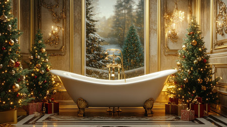 A luxurious bathroom scene featuring a white bathtub surrounded by festive Christmas trees and sparkling lights, creating a warm, inviting atmosphere.の素材