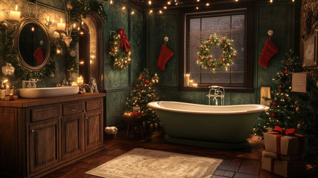 A charming bathroom adorned with festive decorations, including a classic bathtub, wreaths, and twinkling lights, creating a cozy holiday ambiance.の素材