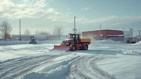 A snow plow tractor actively clears a snowy parking lot, showcasing winter conditions in an urban setting. The scene reflects cold weather and machinery in action.の素材