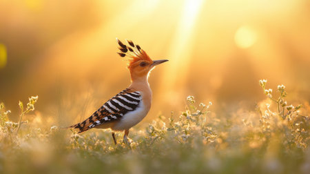 A hoopoe bird foraging in a meadow at dawn, with delicate rays of sunlight filtering through the background.の素材