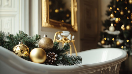 A beautifully arranged bathtub decorated with festive ornaments and pine, evoking a serene holiday atmosphere perfect for relaxation and celebration.の素材