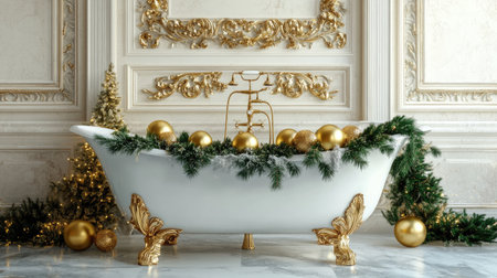A beautifully decorated bathtub for Christmas, featuring gold ornaments and lush greenery, creating a luxurious and festive atmosphere for the holiday season.の素材