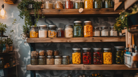 A charming display of colorful jars filled with various ingredients and herbs on rustic wooden shelves, creating an inviting kitchen atmosphere.の素材