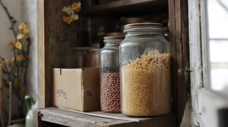 Vintage jars filled with colorful grains and pasta sit on a rustic wooden shelf, creating a charming kitchen display that enhances the home environment.の素材