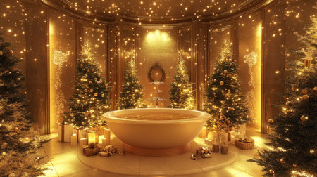 A cozy and festive bathroom featuring a luxurious tub surrounded by Christmas trees adorned with lights, candles, and gifts, creating a warm holiday atmosphere.の素材