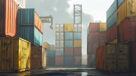 A group of shipping containers stacked at an industrial port.の素材