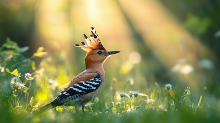 A hoopoe bird foraging in a meadow at dawn, with delicate rays of sunlight filtering through the background.の素材