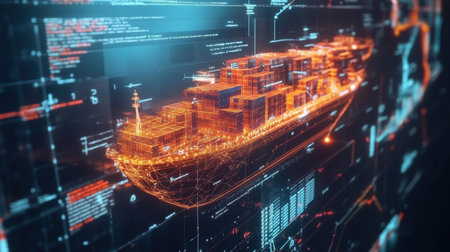 A high-tech map showing real-time shipping activity worldwide.の素材