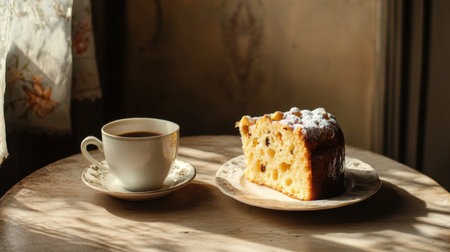 A slice of classic Italian panettone with a cup of coffee.の素材