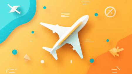 Airplane icon in flat design on a solid orange background, surrounded by simple travel-related shapes.の素材