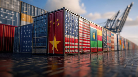 Cargo containers with country flags painted on the sides.の素材