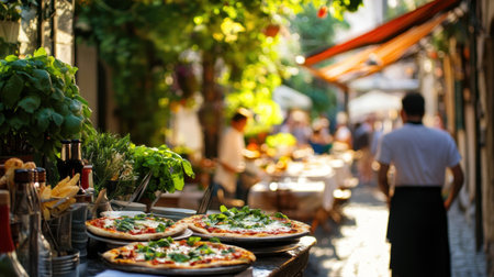 Italian pizza Margherita being served at an outdoor trattoria.の素材