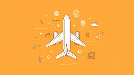 Airplane icon in flat design on a solid orange background, surrounded by simple travel-related shapes.の素材
