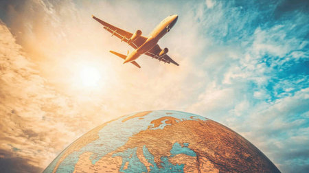 An airplane flying over a globe, symbolizing global trade routes.の素材