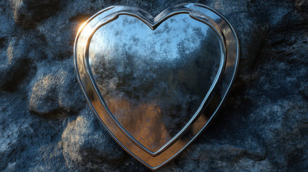 Metallic shield with an engraved heart design at its core, representing safety and love.の素材