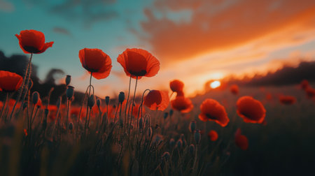 Bright red poppies in a grassy meadow, with a vibrant sunset casting warm colors across the sky.の素材