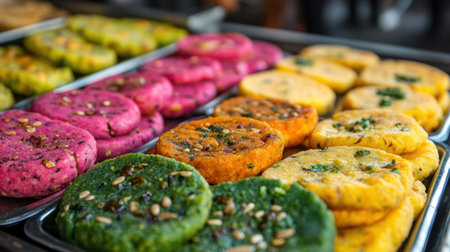 Close-up of colorful Gujarati street food, including dhokla and kachori, served on traditional plates.の素材